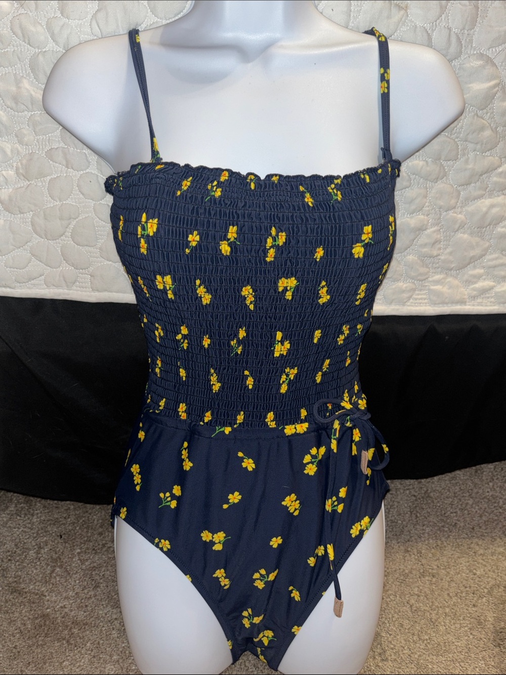Sperry Smocked Navy One-Piece Swimsuit with Yellow Floral Print
